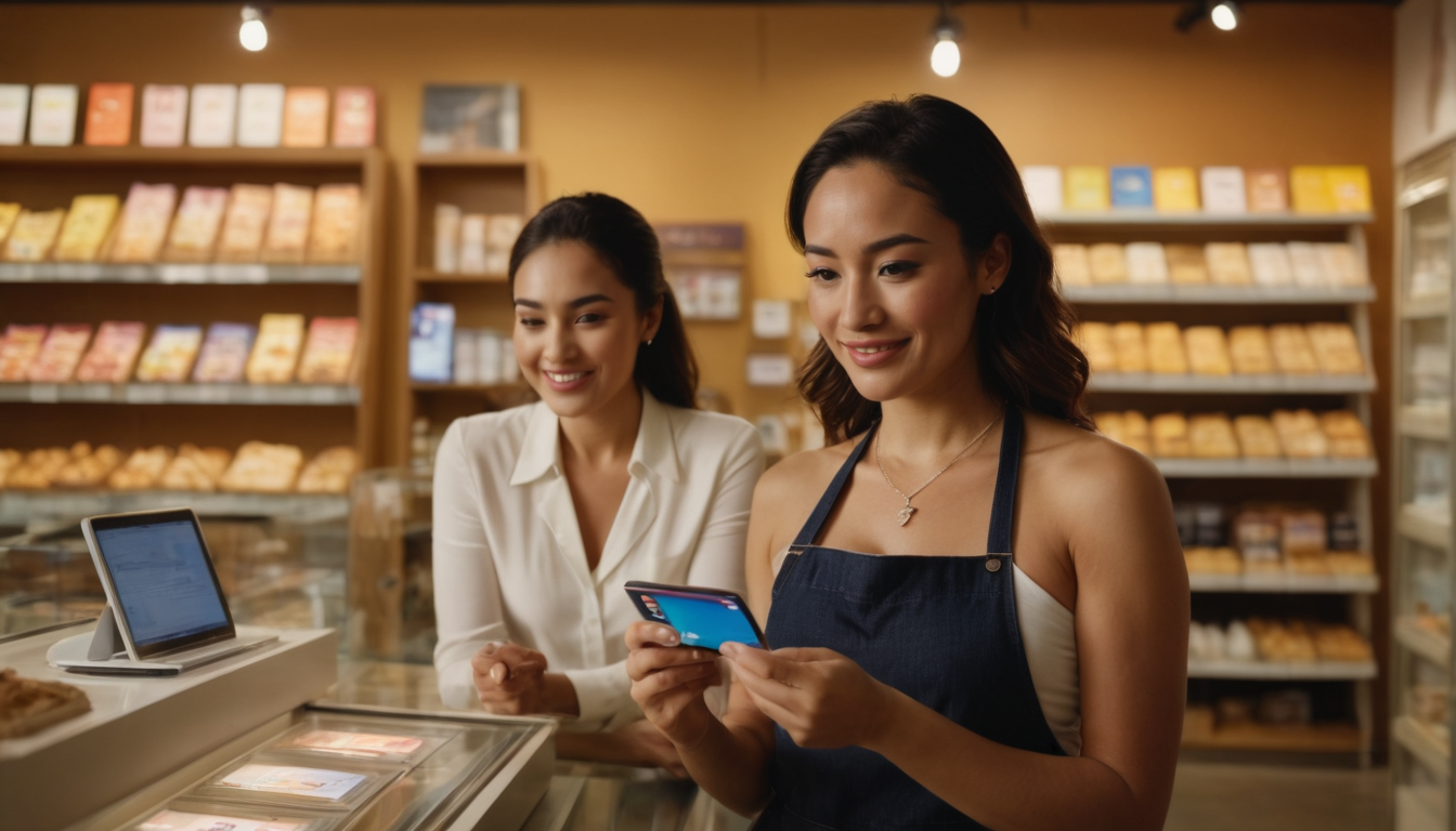 Two women in a bakery; one in an apron using a smartphone to check digital punch card loyalty programs and the other in a white blazer, both smiling.