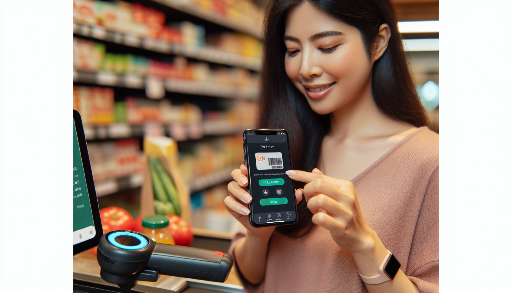 A woman uses a smartphone to scan a product barcode at a checkout counter in a grocery store. She is standing near a digital reader and fresh produce in the background, effortlessly earning points with her digital loyalty card.