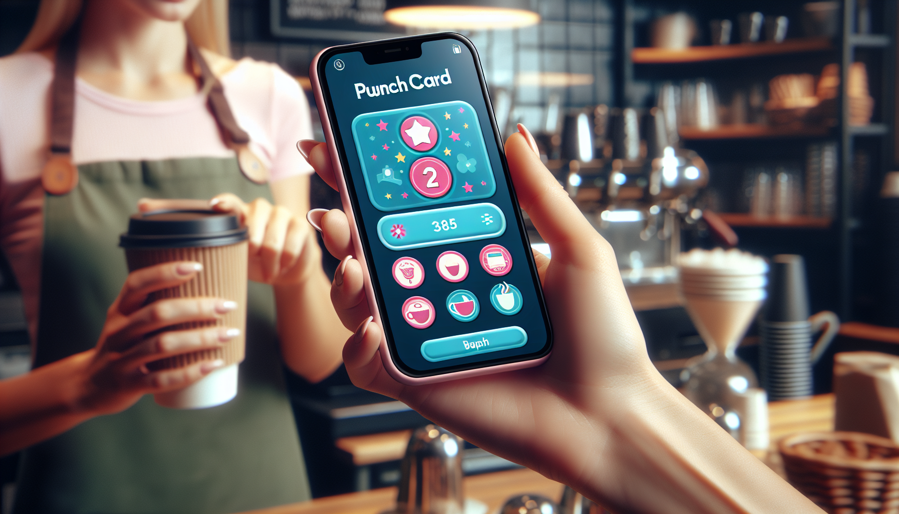 Close-up of a hand holding a smartphone displaying a small business loyalty card app, with a barista holding a coffee cup in the background.