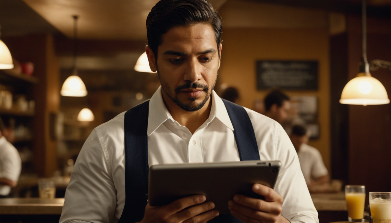 A man in a white shirt and suspenders using a tablet to explore restaurant loyalty program ideas in a busy café setting.