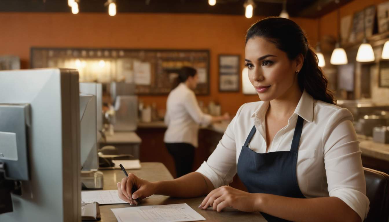 A woman in a black apron uses a computer and writes notes on digital punch cards at a café counter, with another employee in the background.