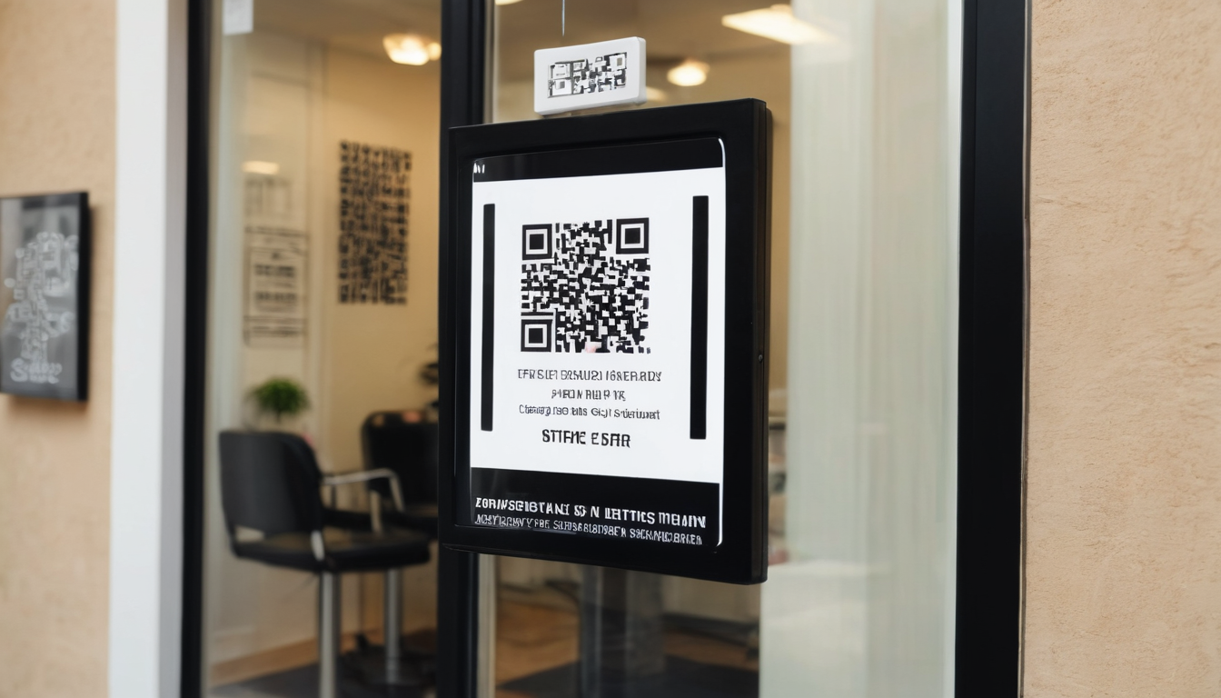 A hanging digital display with a large QR code for hair salon loyalty programs inside a modern office environment, visible through glass doors.