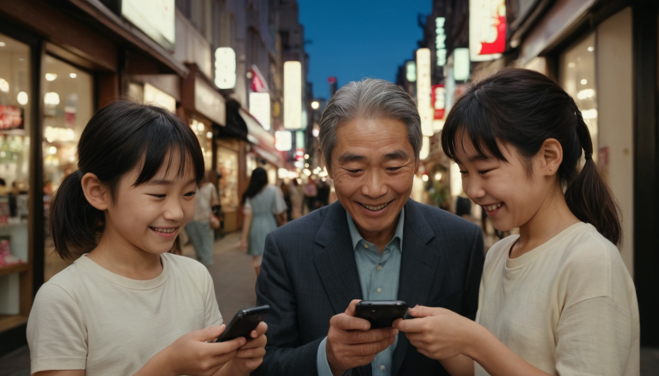 An elderly man smiles joyfully while looking at smartphones with two young girls, discussing a digital punch card loyalty program on a bustling city street at dusk.