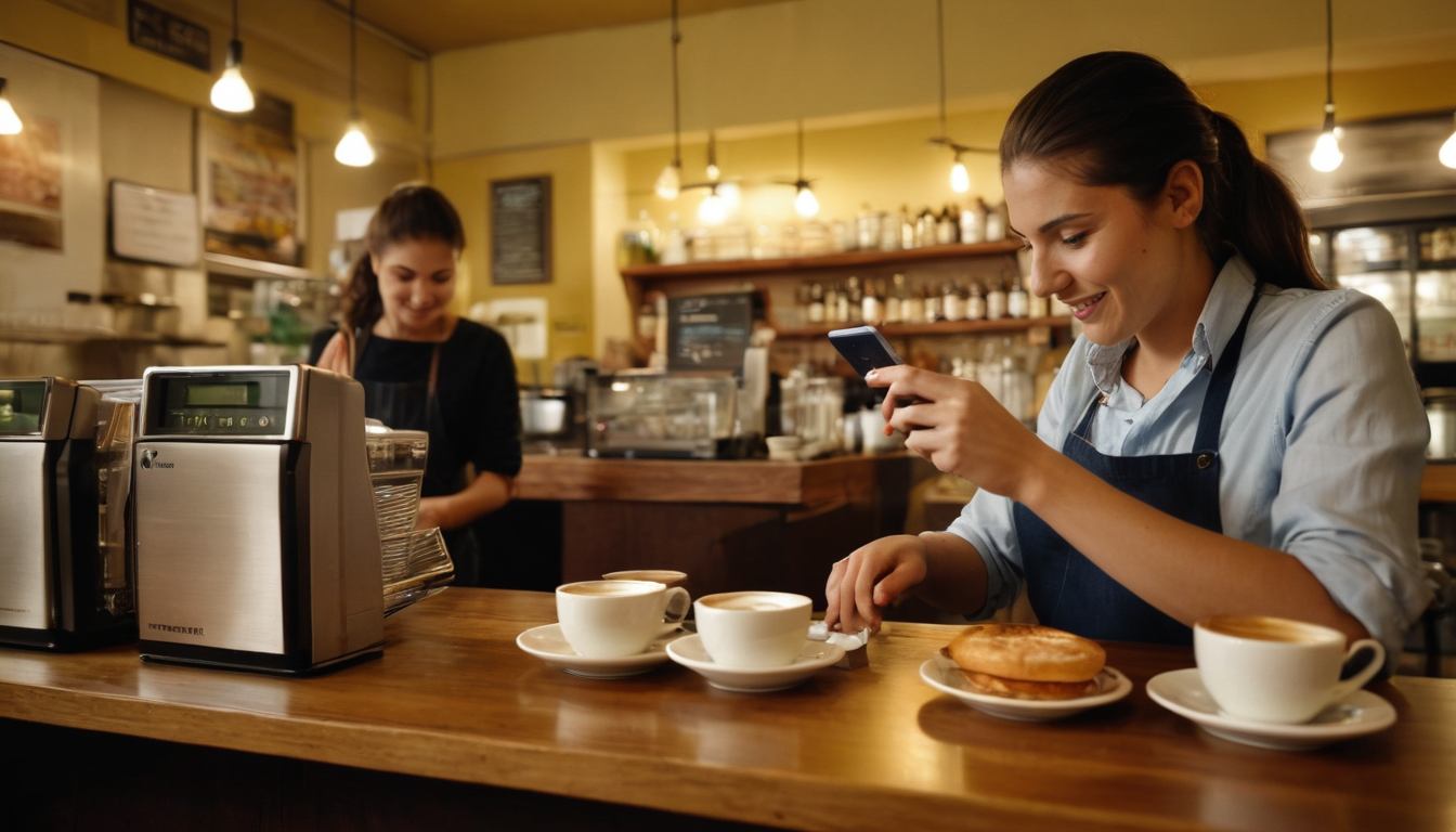 A female barista smiling while using a smartphone, standing behind the counter at a cafe with coffee cups and pastries, promoting punch card loyalty programs, another employee in background.