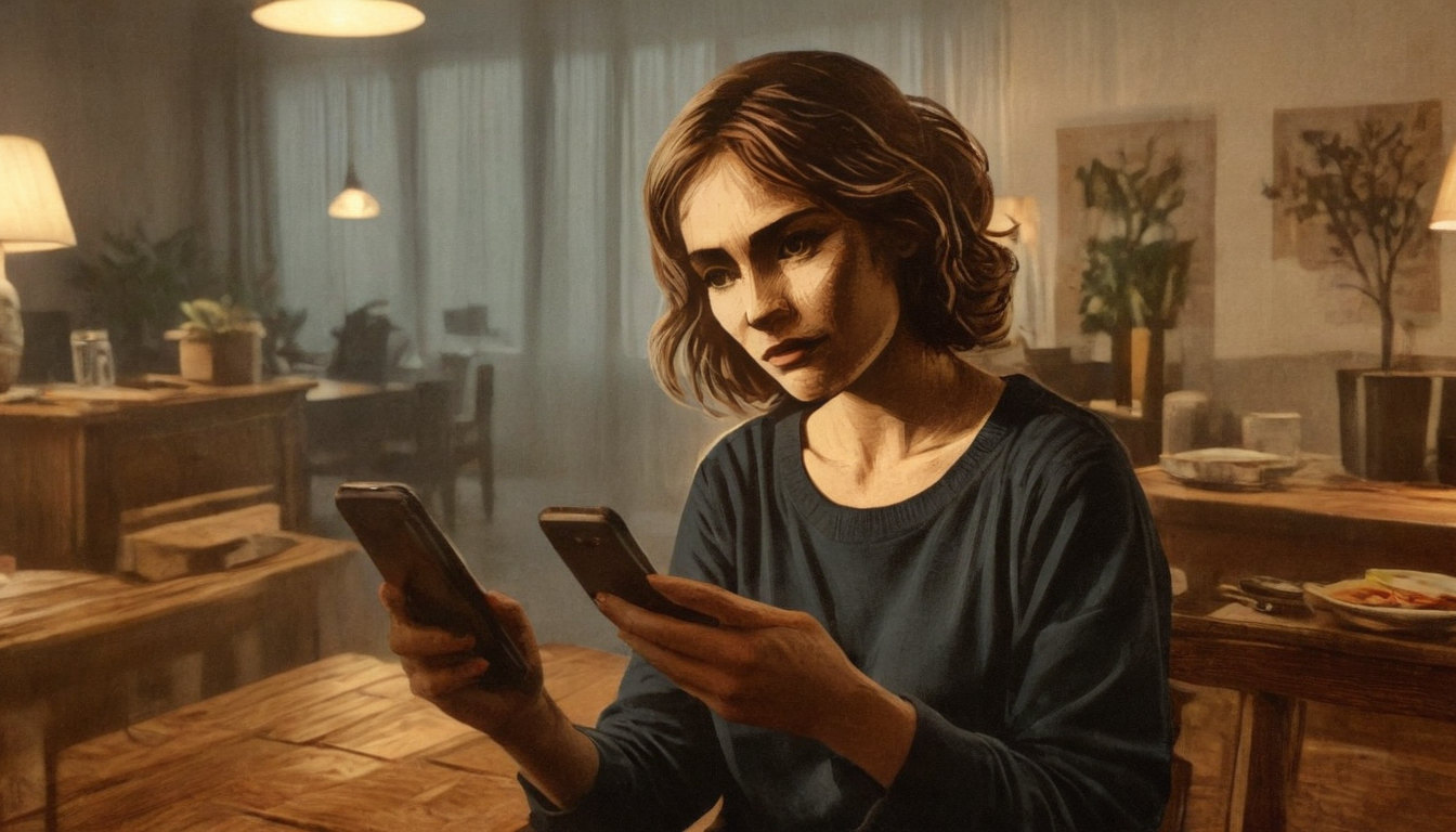 A woman in a dimly lit room looks intently at two smartphones she is holding with both hands. The background features plants, wall art, and a set dining table. She appears to be evaluating brand loyalty initiatives for an upcoming campaign.