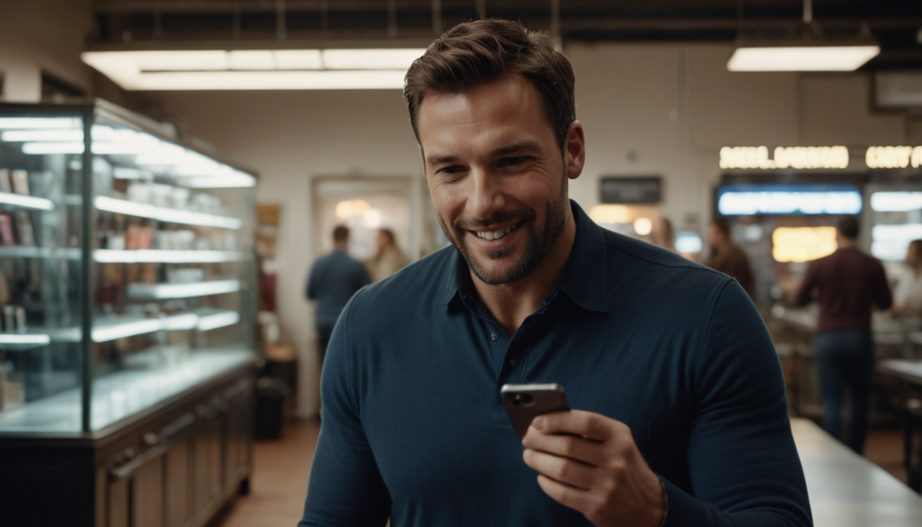 Man smiling at smartphone in grocery store while browsing customer loyalty program ideas.