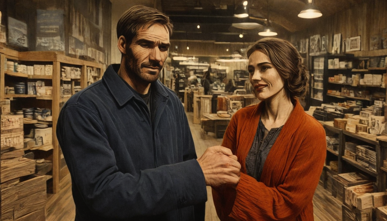 A man and a woman holding hands in an old-fashioned general store, with shelves filled with various goods in the background. Both appear to be engaged in a serious conversation, perhaps discussing the new Business Loyalty Solutions being considered for the shop.