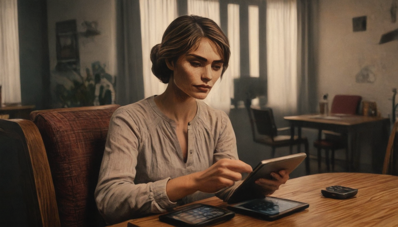 A woman sits at a wooden table in a softly lit room, using a tablet. Various electronic devices and papers, possibly related to customer retention strategies, are scattered on the table. Curtains frame the peaceful setting in the background.