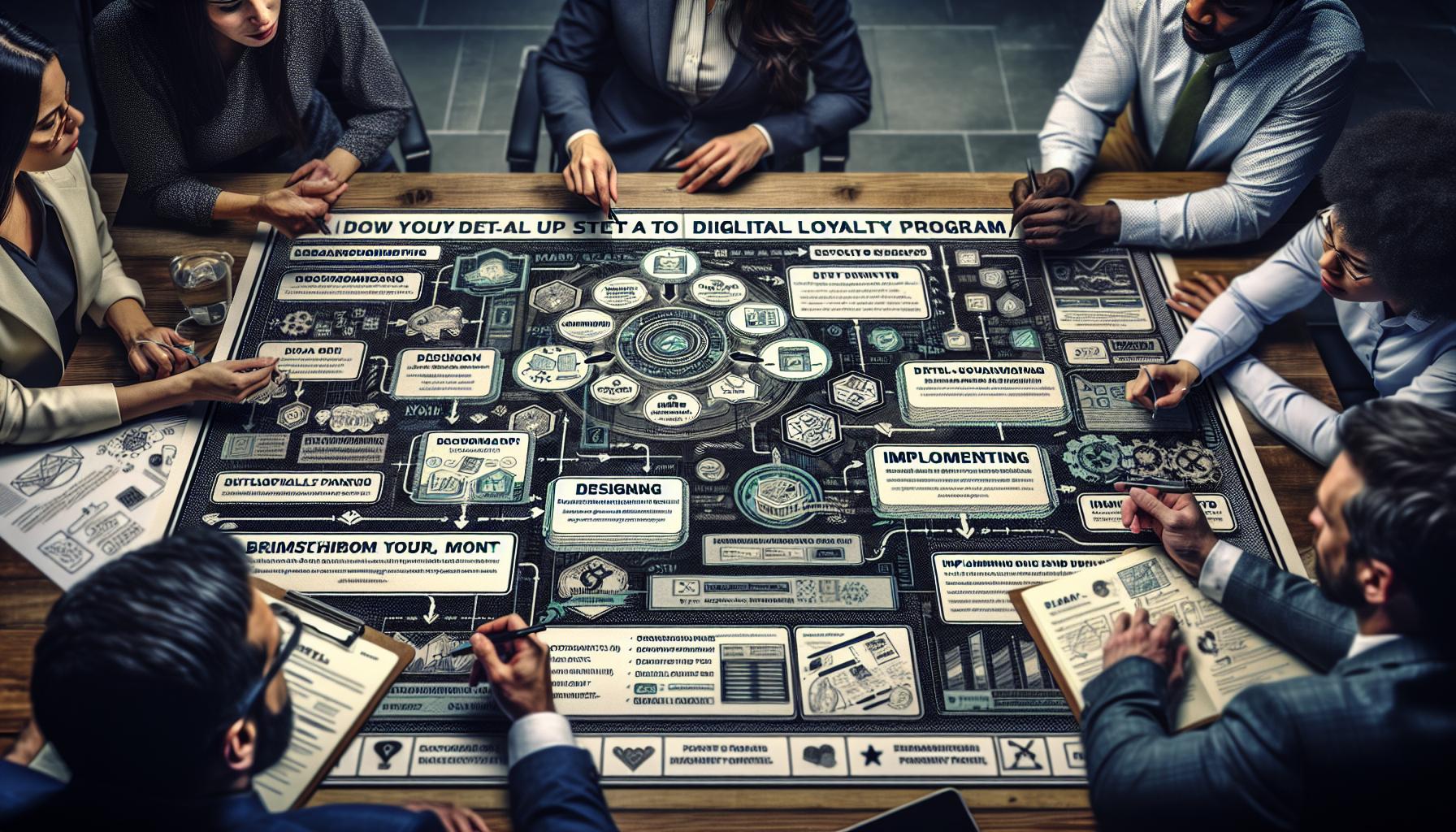 Business professionals discuss membership benefits for businesses around a table strewn with papers, focusing on digital interfaces projected onto the surface.