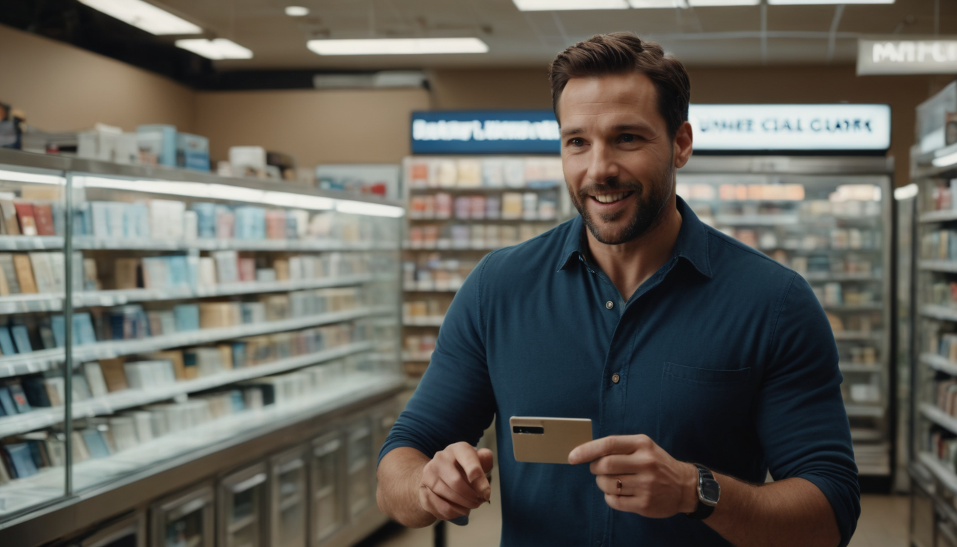 Man in a blue shirt smiling and holding a smartphone with a digital punch card inside a pharmacy aisle.