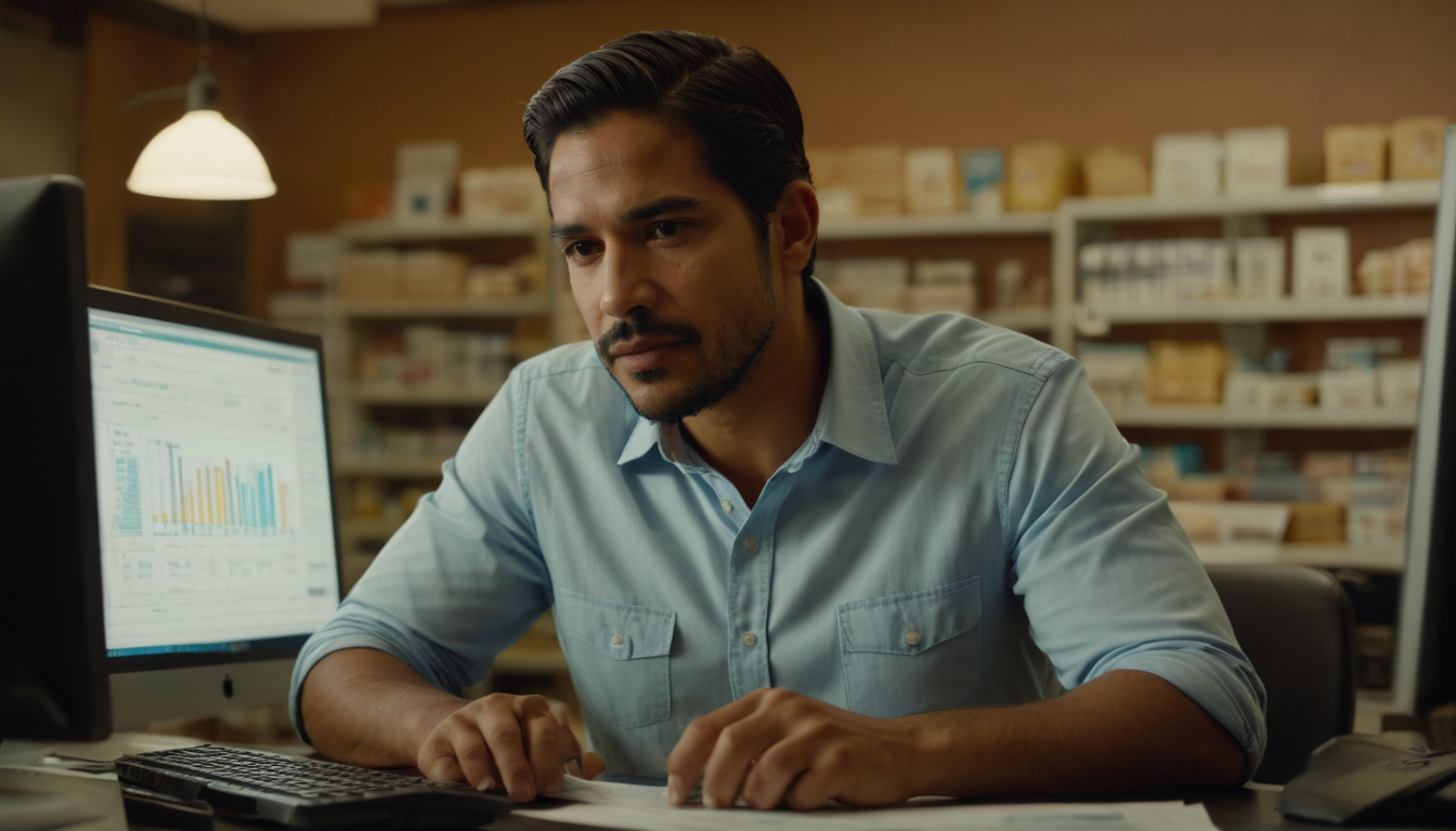 Man in a blue shirt working intently at a desk with a computer displaying graphs of a customer retention software, in a room filled with shelves of files.