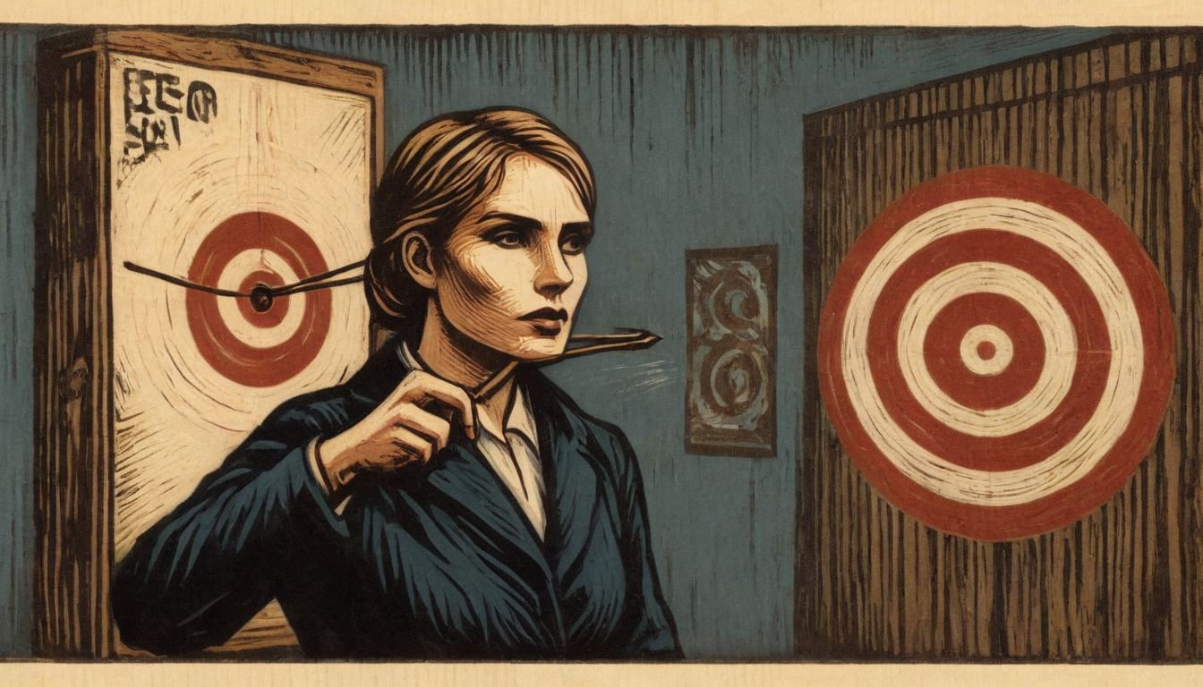 A woman with two arrows hovering beside her head, positioned between two target boards with arrows in their bullseyes, embodies the precision required for successful Customer Retention Strategies.