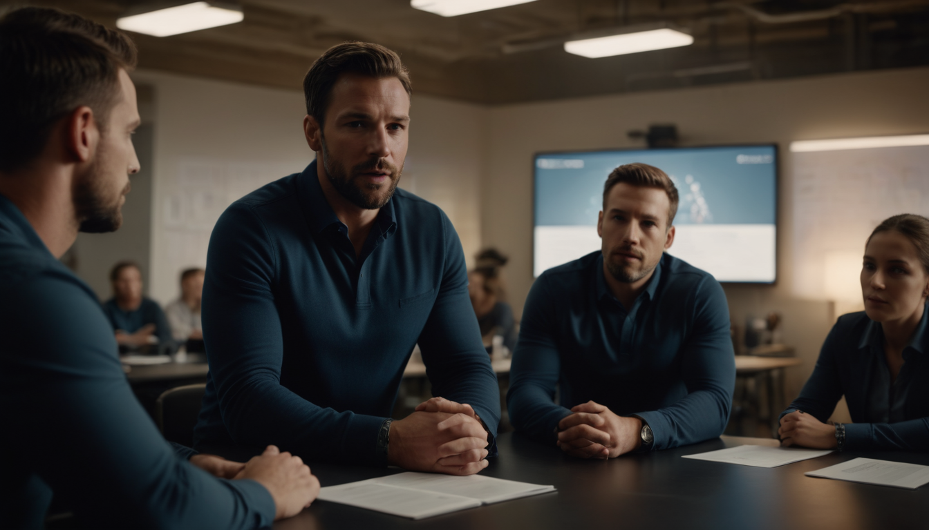 A man in a blue sweater speaks at a conference table during a business meeting on customer retention software, with colleagues listening intently around him.