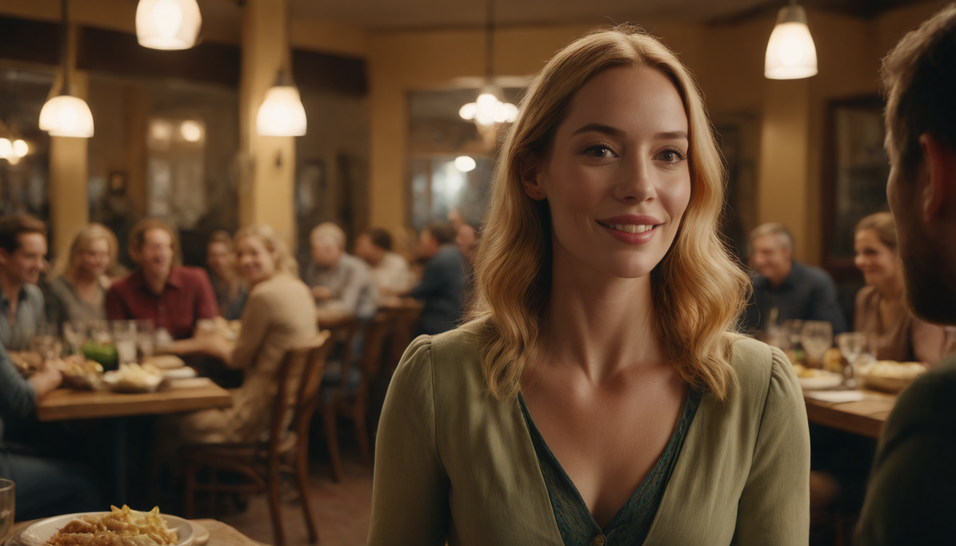 A woman smiling at a man in a bustling restaurant, patrons dining and conversing about innovative restaurant loyalty schemes in the background.