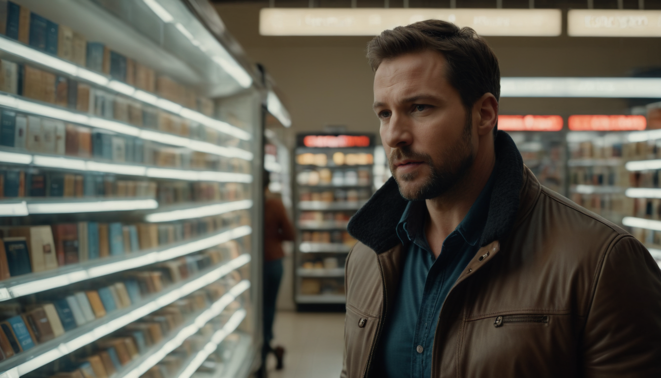 A man with a beard in a brown jacket and blue scarf stands pensively in a grocery store aisle lit by fluorescent lights, browsing through his customer rewards app.