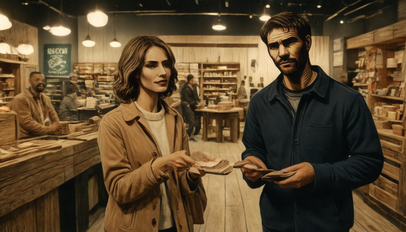 A woman and a man exchange something in what appears to be a cozy, well-stocked bookstore with other customers in the background. Both are wearing casual, warm clothing, possibly discussing their favorite reads or brand loyalty initiatives over a cup of coffee.