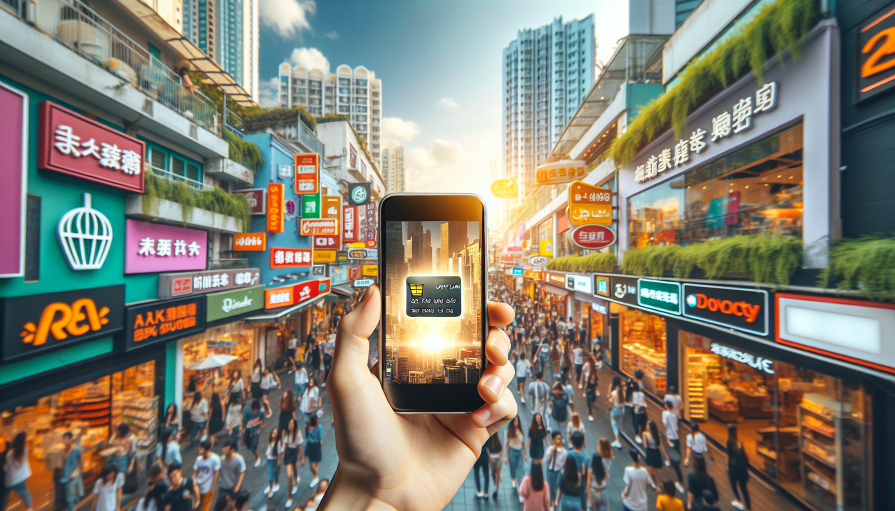 A smartphone is held up in a busy, brightly lit urban shopping street with colorful signs and buildings. The phone screen shows a cityscape at sunset, featuring a digital loyalty card with enticing offers from local shops.