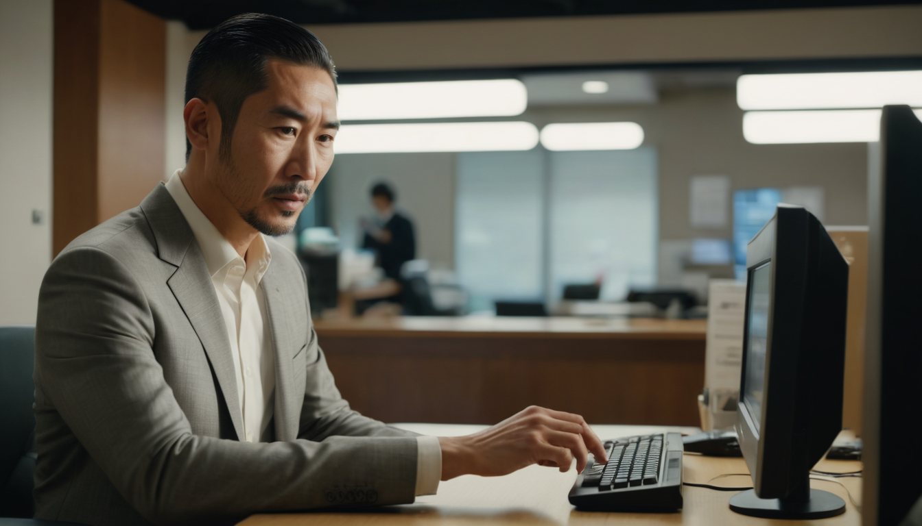 A focused man in a beige suit works on digital punch card loyalty programs on a computer in a modern office, with another person visible in the background.