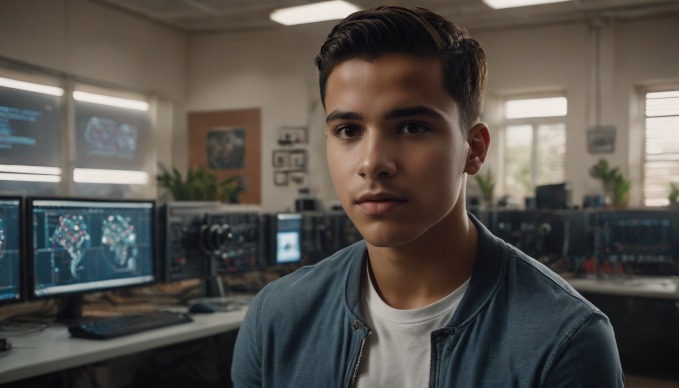 Young man sitting in a computer lab, looking at the camera with multiple monitors displaying effective food service loyalty programs in the background.