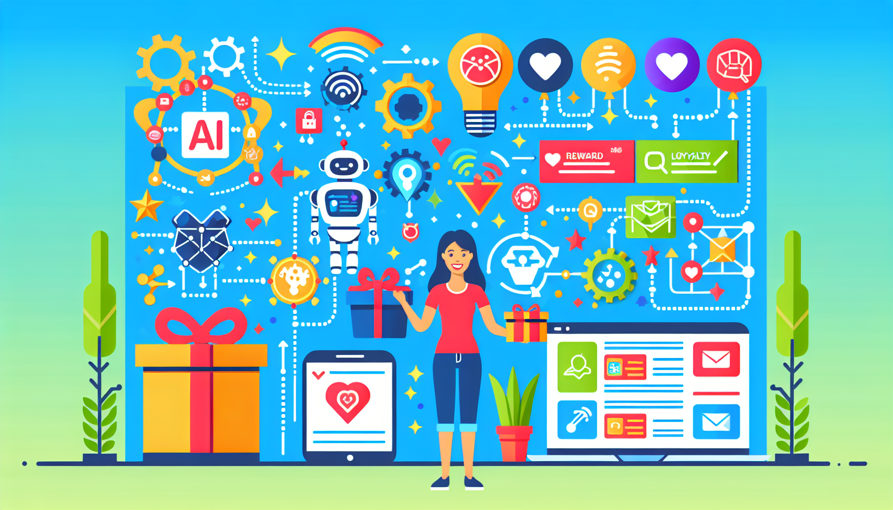 A woman stands holding a wrapped gift, surrounded by various technology-themed icons—AI, gears, robots, lightbulbs, and devices. With two large gift boxes on either side, the scene subtly emphasizes the importance of customer retention in today's tech-driven landscape.