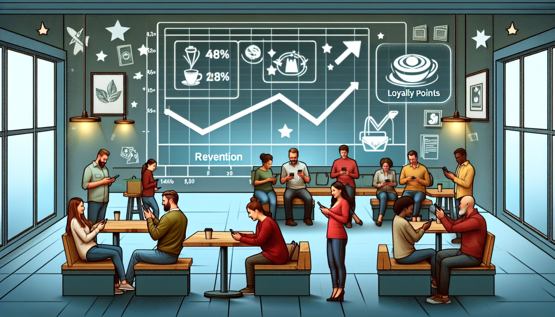 People using electronic devices in a modern cafe with data visualizations projected on a wall, showcasing statistics and loyalty points from a Customer rewards program in a casual setting.