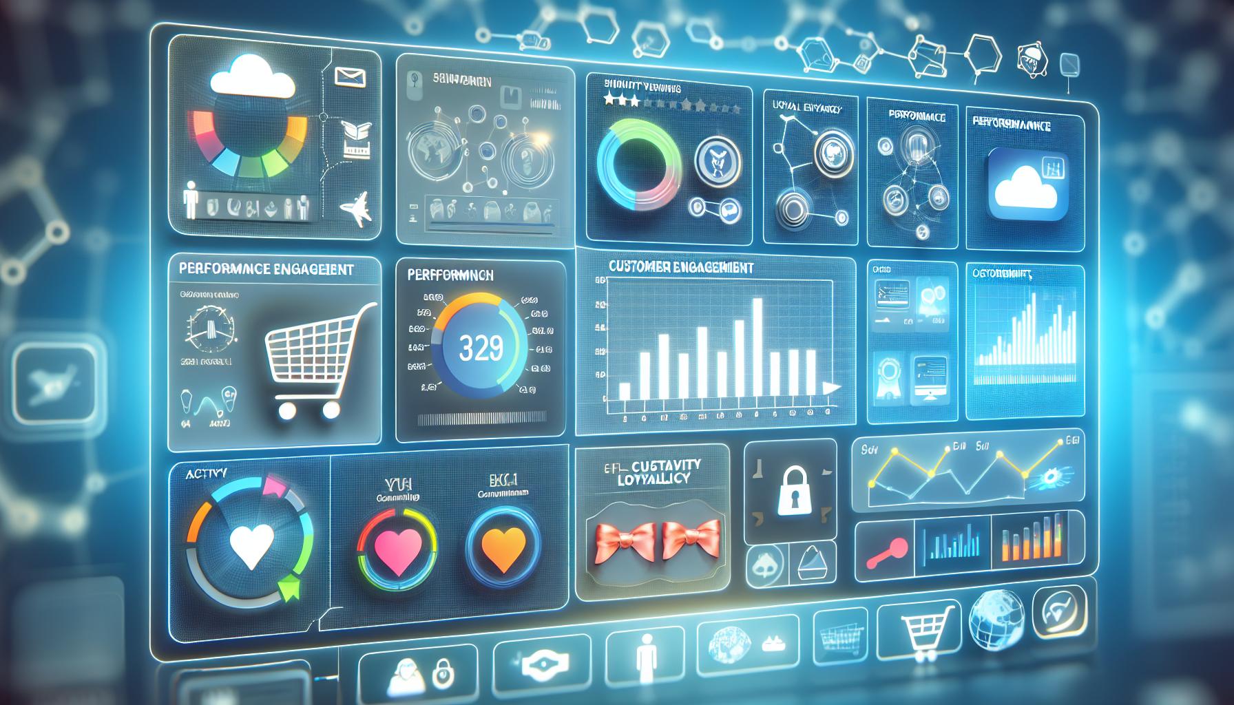 A digital dashboard displaying various performance metrics, charts, and graphs related to customer engagement, shopping activity, and system analytics, enhanced by personalized customer incentives.