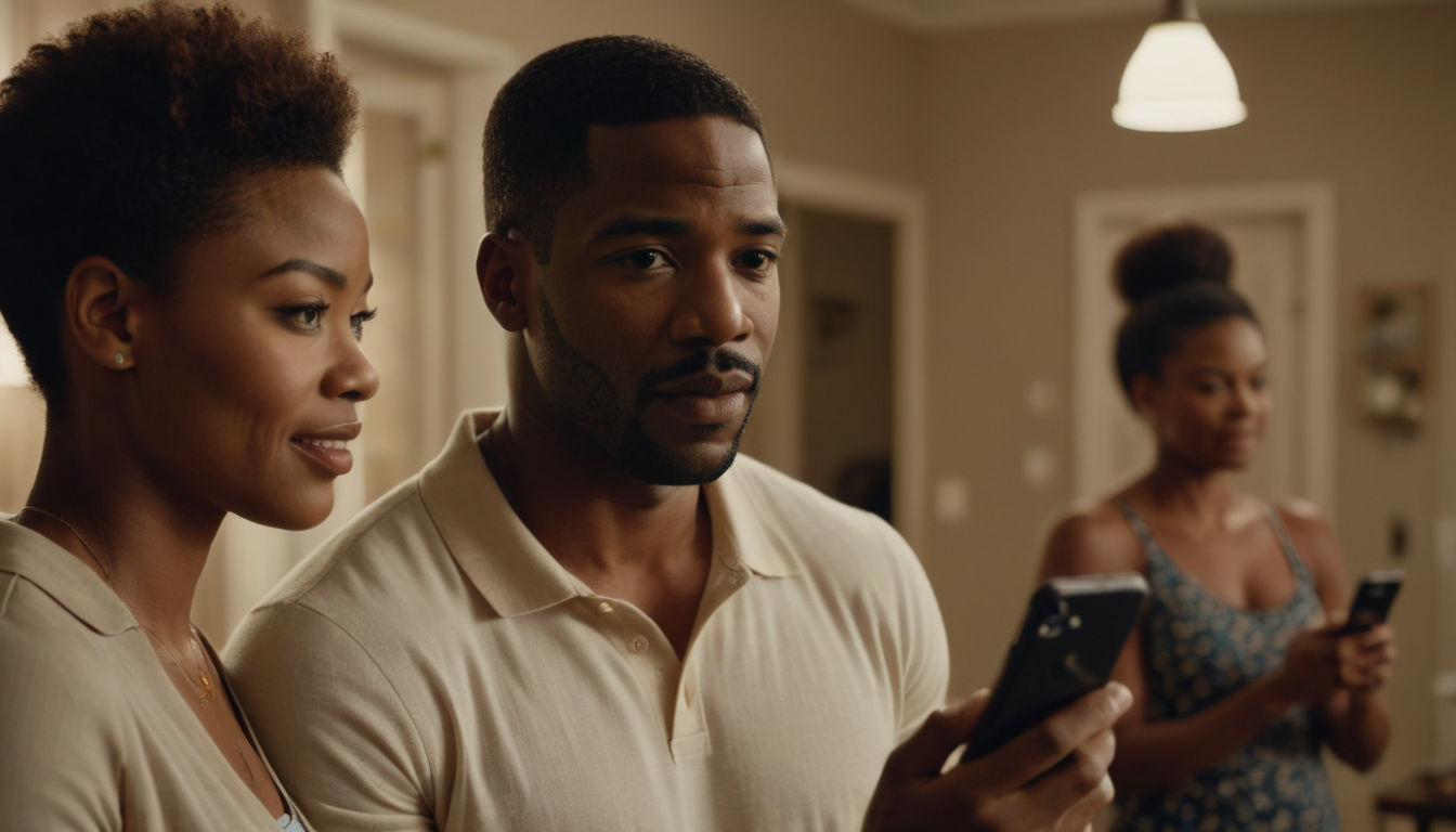 A man and a woman closely examine a smartphone, discussing customer loyalty program ideas in a warmly lit room while another woman in the background uses her phone.