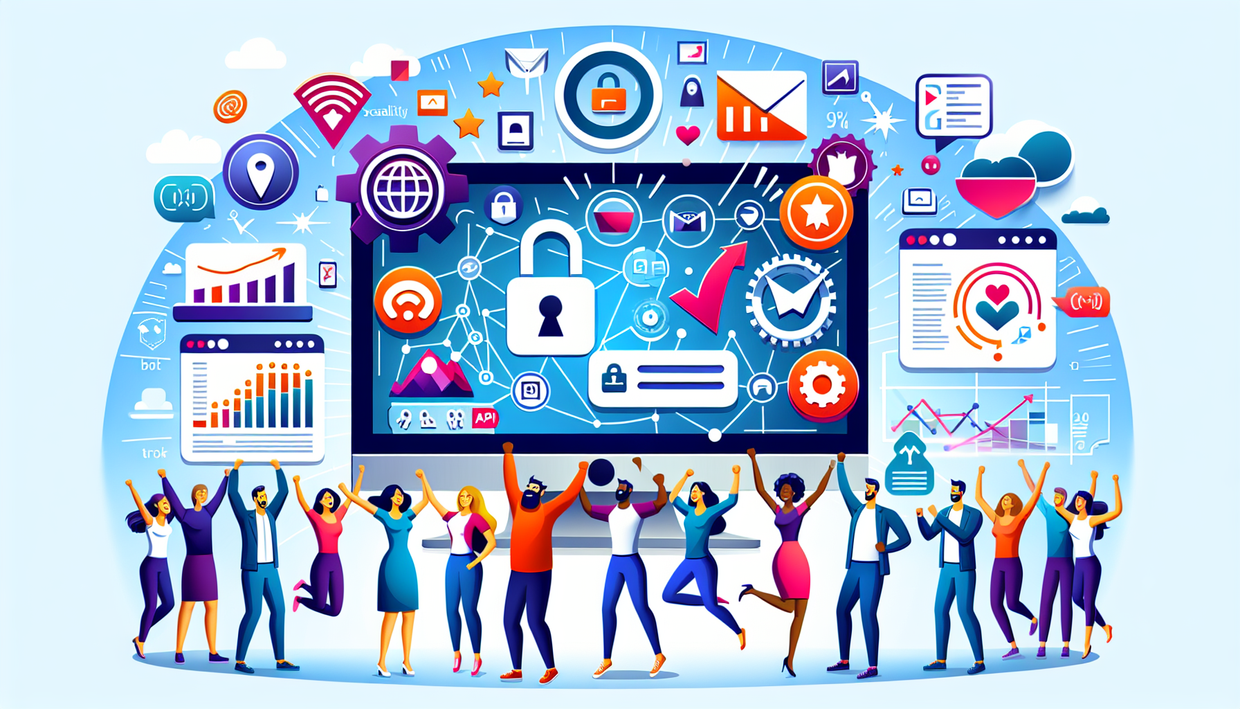 A diverse group of people celebrate in front of a large screen displaying graphs, charts, and security icons, representing successful data management, cybersecurity, and effective customer engagement.