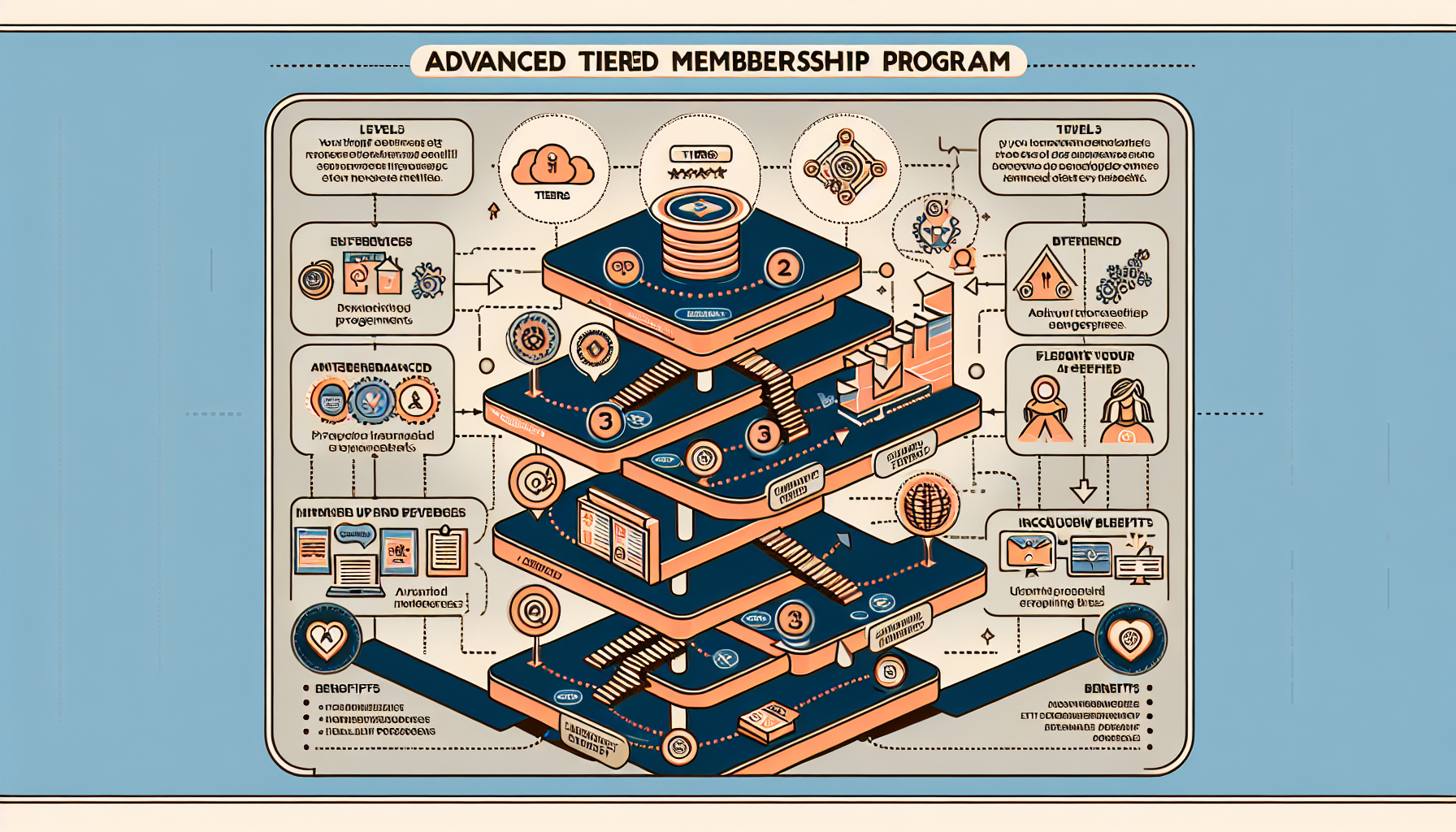 Diagram illustrating the structure and benefits of an advanced tiered membership program, including levels, points, rewards, engagement metrics, and personalized experiences—a comprehensive digital loyalty solution for small businesses.