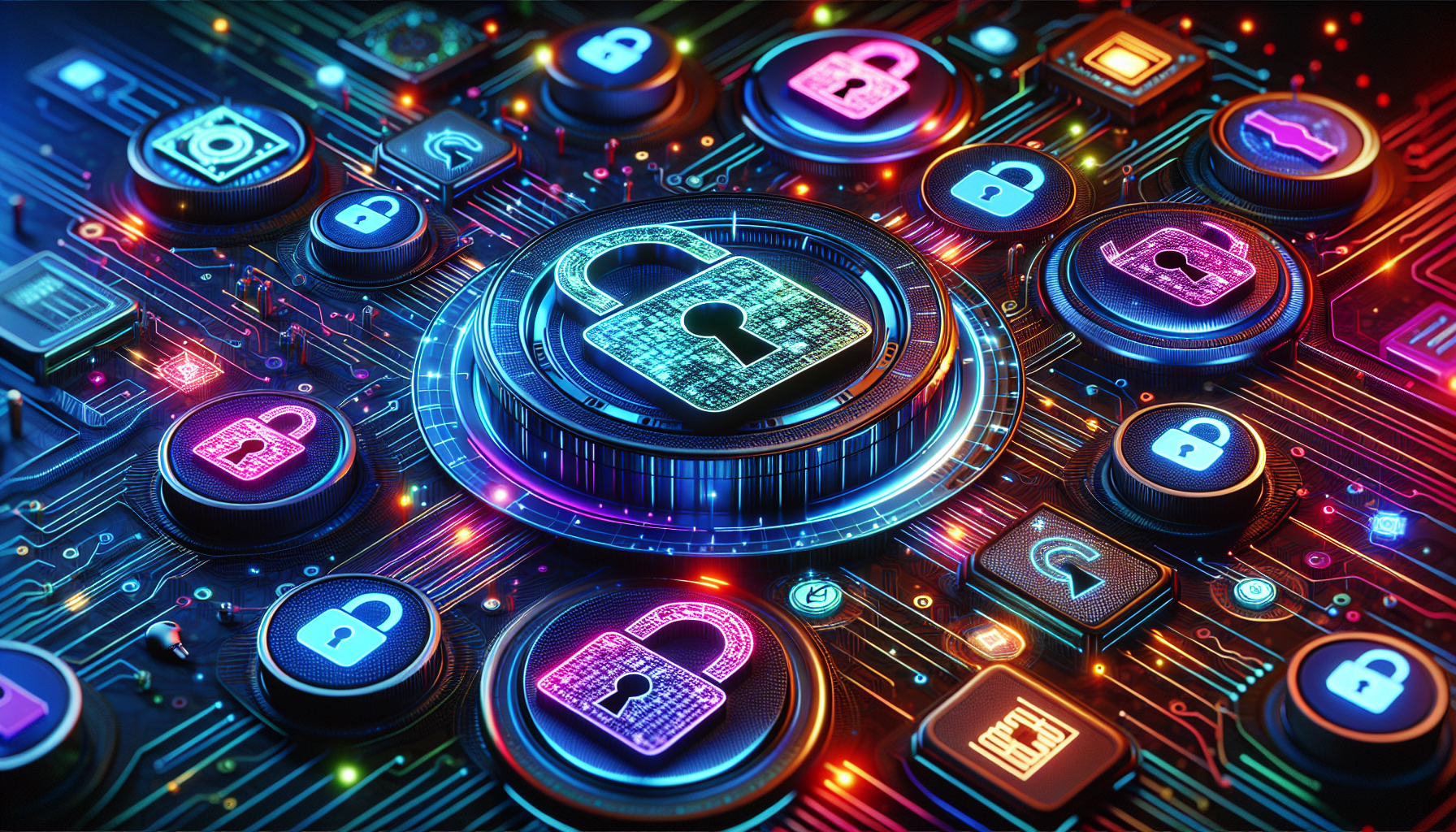 A vibrant digital illustration of multiple padlock icons interconnected by colorful circuitry, symbolizing cybersecurity and data protection concepts, seamlessly integrated with the essence of contactless access technology.