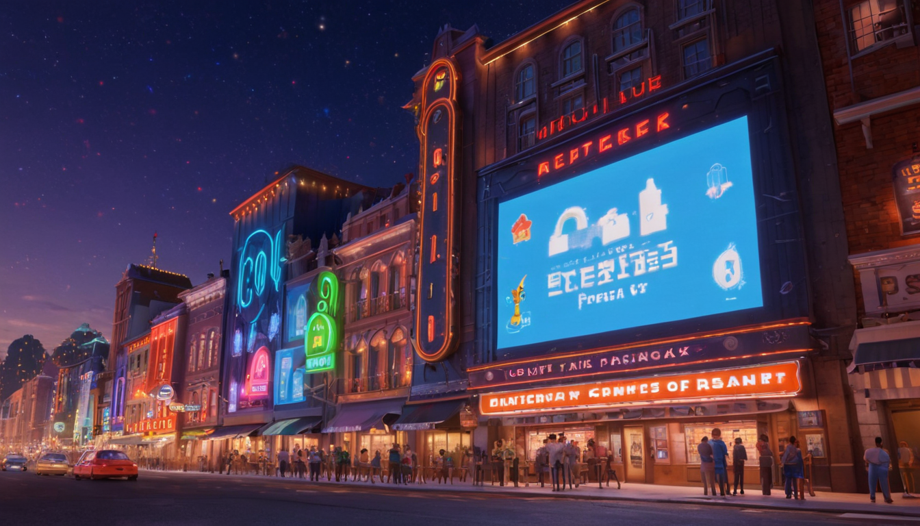 A vibrant city street at night, featuring illuminated commercial signs and advertisements on buildings. Among the buzz of the bustling sidewalk crowd and parked cars, shops promote their membership rewards programs, enhancing customer loyalty initiatives to ensure every visit is memorable.