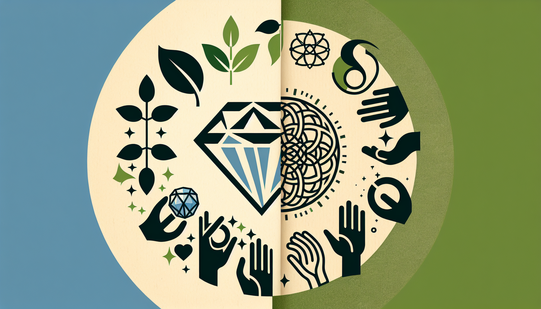 Illustration featuring two mirrored halves with hands, plants, and symbols surrounding a central diamond. The left half showcases cool tones and scientific symbols, while the right half is adorned with warm tones and spiritual symbols, like finding harmony in name ideas for loyalty programs.