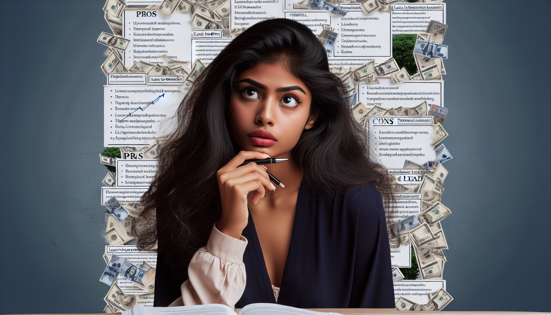 Woman with long dark hair, seated in front of a board covered with papers and cash, pensively holds a pen to her chin. An open book lies in front of her as she contemplates vehicle lease options.