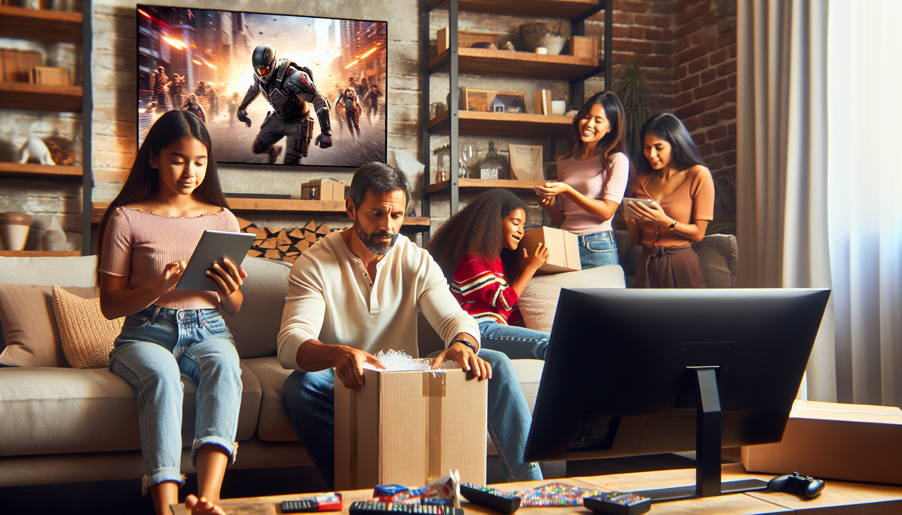 A man opens a cardboard box in a living room surrounded by three women and a young girl using electronic devices, discussing the points-based rewards they earned from their loyalty rewards system. A TV on the wall displays a video game.