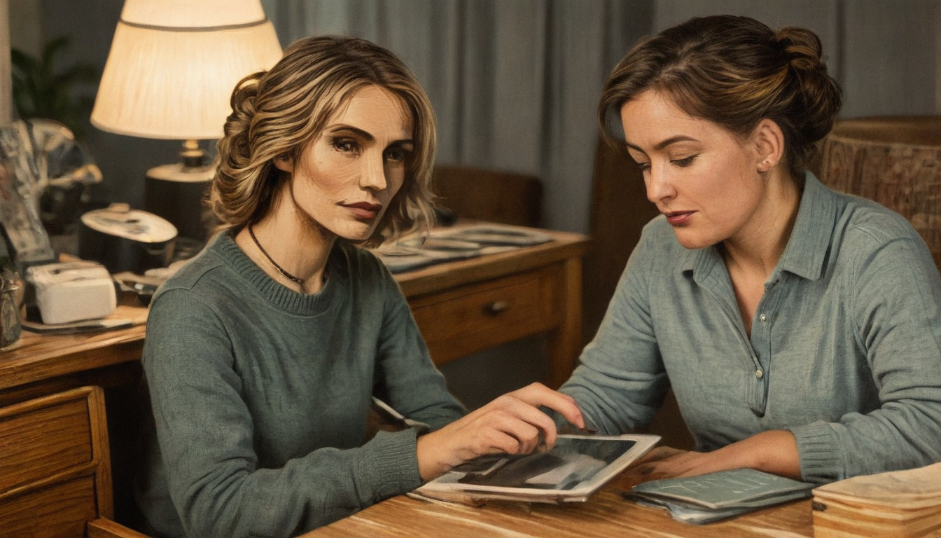 Two women sit at a wooden table, one pointing at a tablet screen while the other observes. Both are dressed in casual attire. A desk lamp and various objects are in the background as they discuss Business Loyalty Solutions for their company.