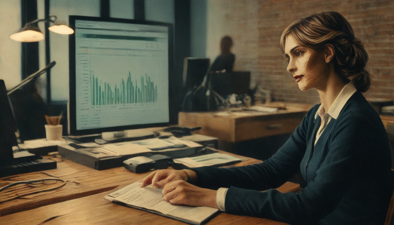 A woman sits at a desk in an office, reviewing a document while a computer monitor displaying a bar graph on Customer Retention Strategy is in front of her. Another person is blurred in the background.