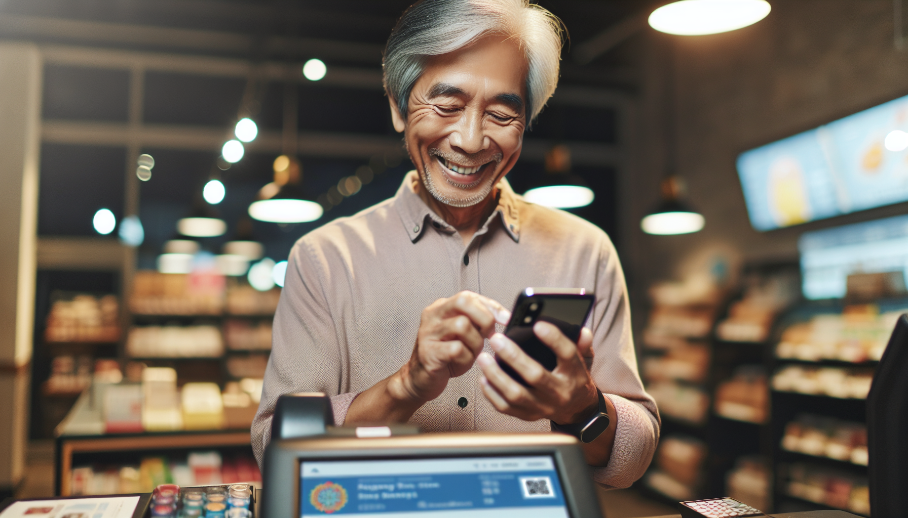 An older man smiles while using his phone at a store checkout counter, with a small payment terminal and product displays in the background. He's likely excited about the loyalty rewards he's earning through the store’s digital loyalty program card.