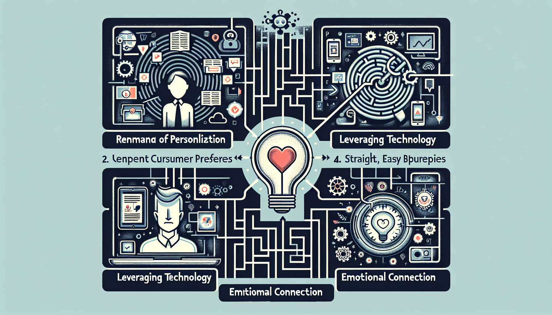 An intricate diagram with four quadrants labeled: "Remnant of Personalization," "Leverage Technology," "Lenpent Cursumer Prefses," and "Straight, Easy Blurepries" surrounding a heart inside a light bulb, illustrating effective loyalty schemes and customer retention strategies.