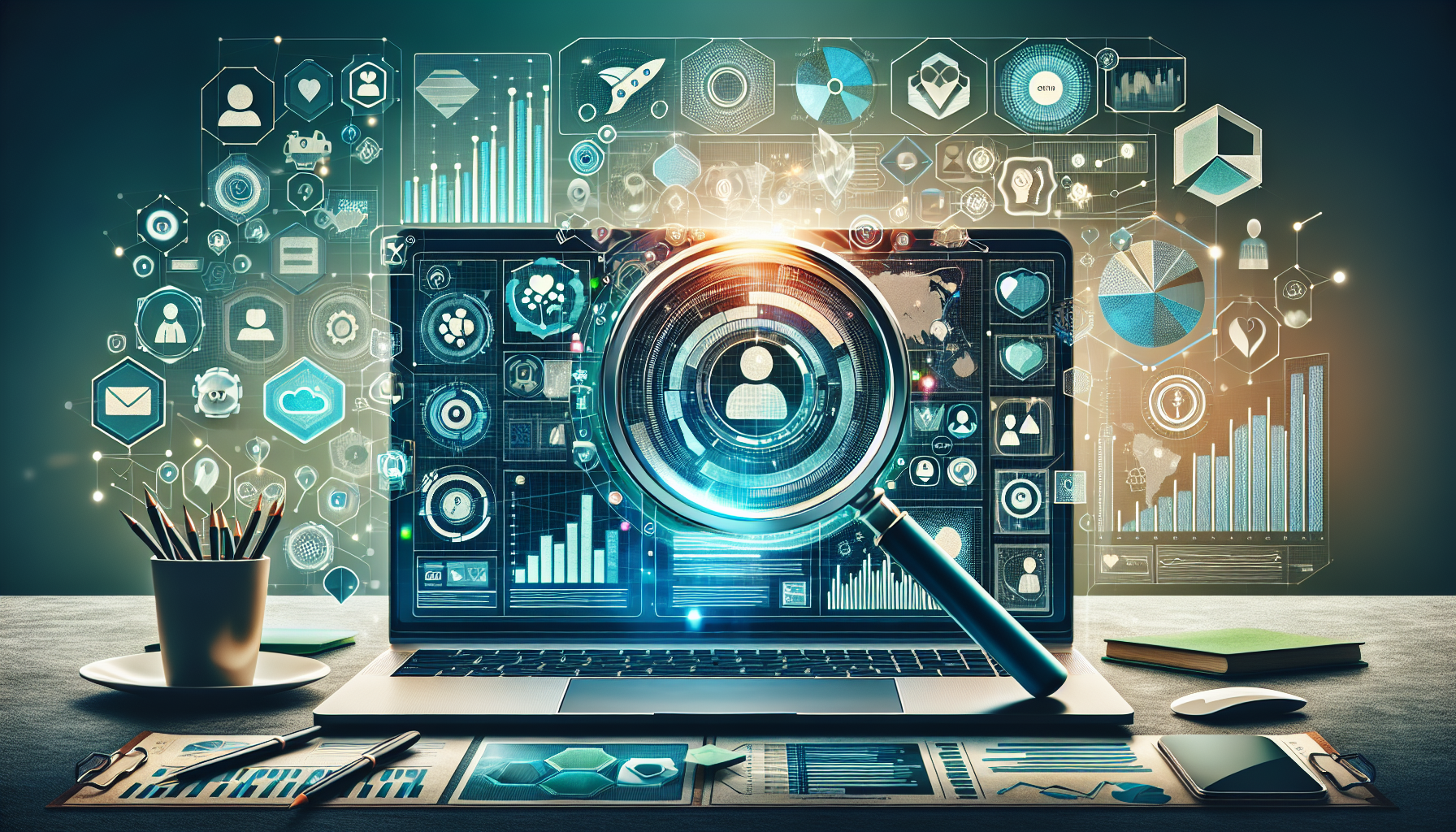 A laptop on a desk displays various overlay icons representing data analysis, with a magnifying glass focusing on a user profile symbol. Multiple charts and graphs surround the laptop screen, illustrating insights from a customer rewards program software.