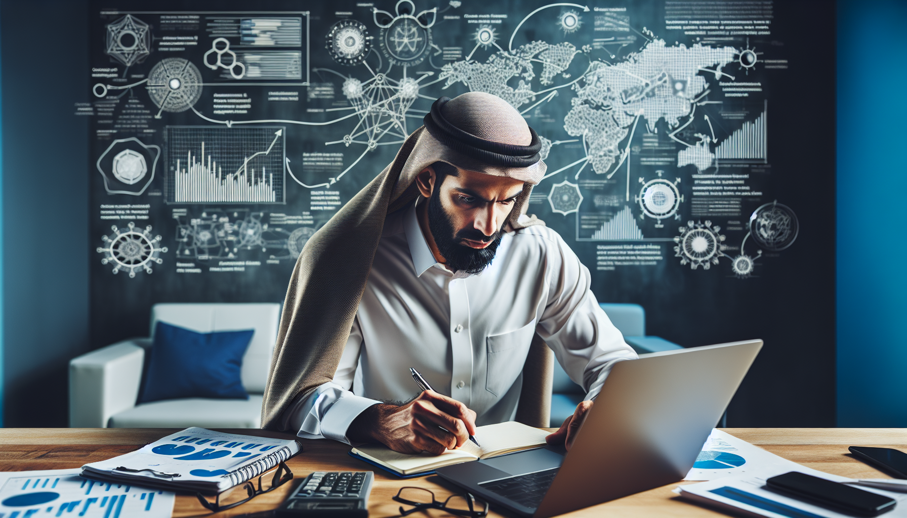 A man in traditional Middle Eastern attire works at a desk with a laptop, writing in a notebook about an innovative Customer Loyalty Program. In the background, a chalkboard displays charts and diagrams for enhancing customer retention strategies.