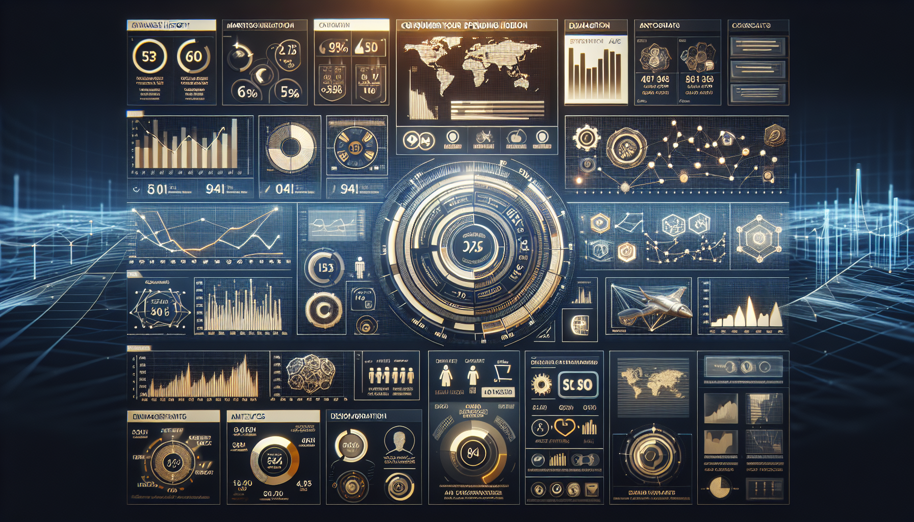 A digital dashboard displaying various data visualization elements such as graphs, charts, maps, and infographic icons in a high-tech interface, tailored to highlight retail marketing strategies and customer retention patterns.