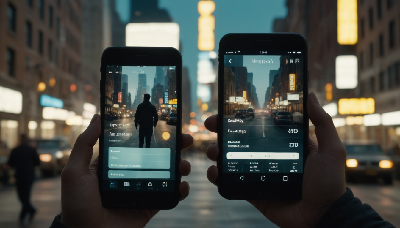 Two hands holding smartphones displaying a digital punch card loyalty program for a city street at dusk, with focus on screens showing camera settings.