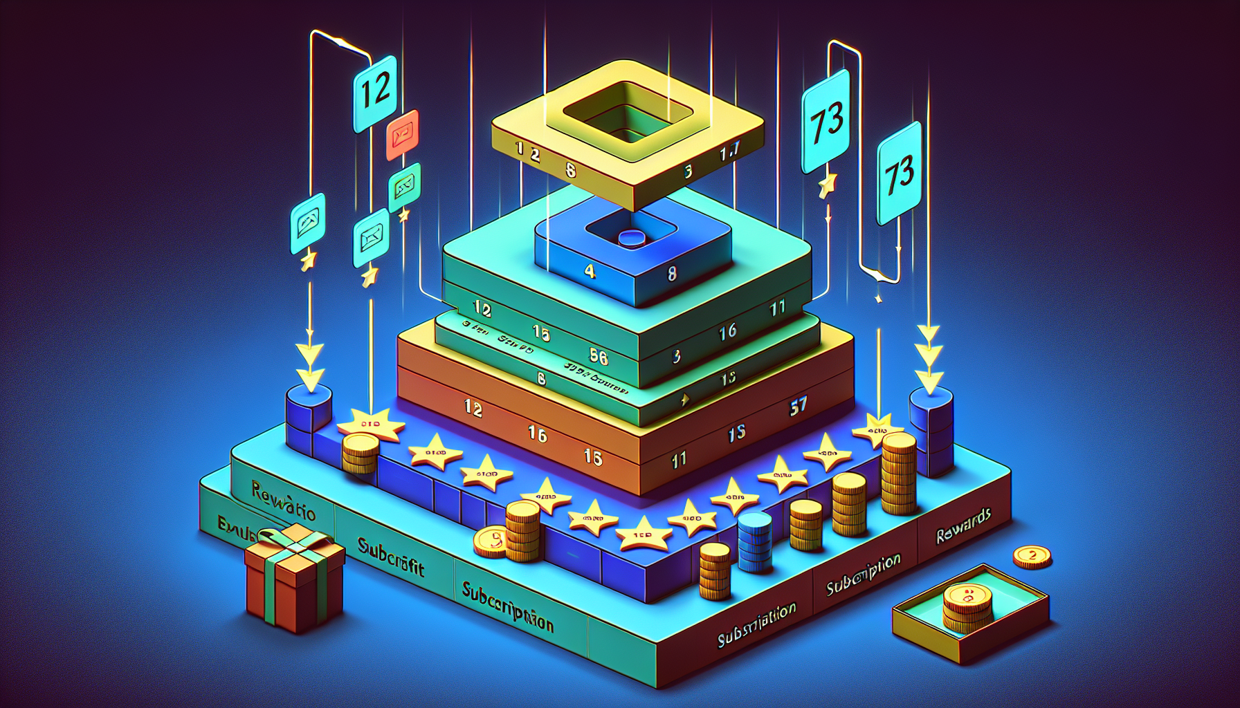 Illustration of a tiered, pyramid-like digital loyalty program structure with rewards and subscription levels, highlighted by numbers and coins on a dark background.