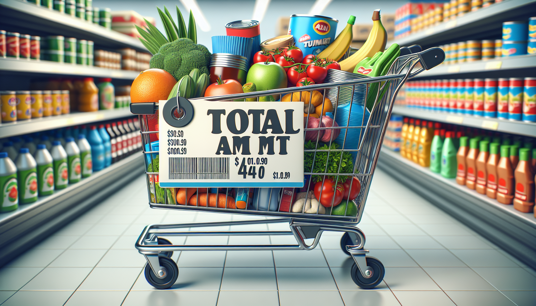 A shopping cart filled with various groceries is in the aisle of a supermarket. A large label on the cart shows a total amount of $440, which could be analyzed as part of customer loyalty metrics to understand spending patterns.