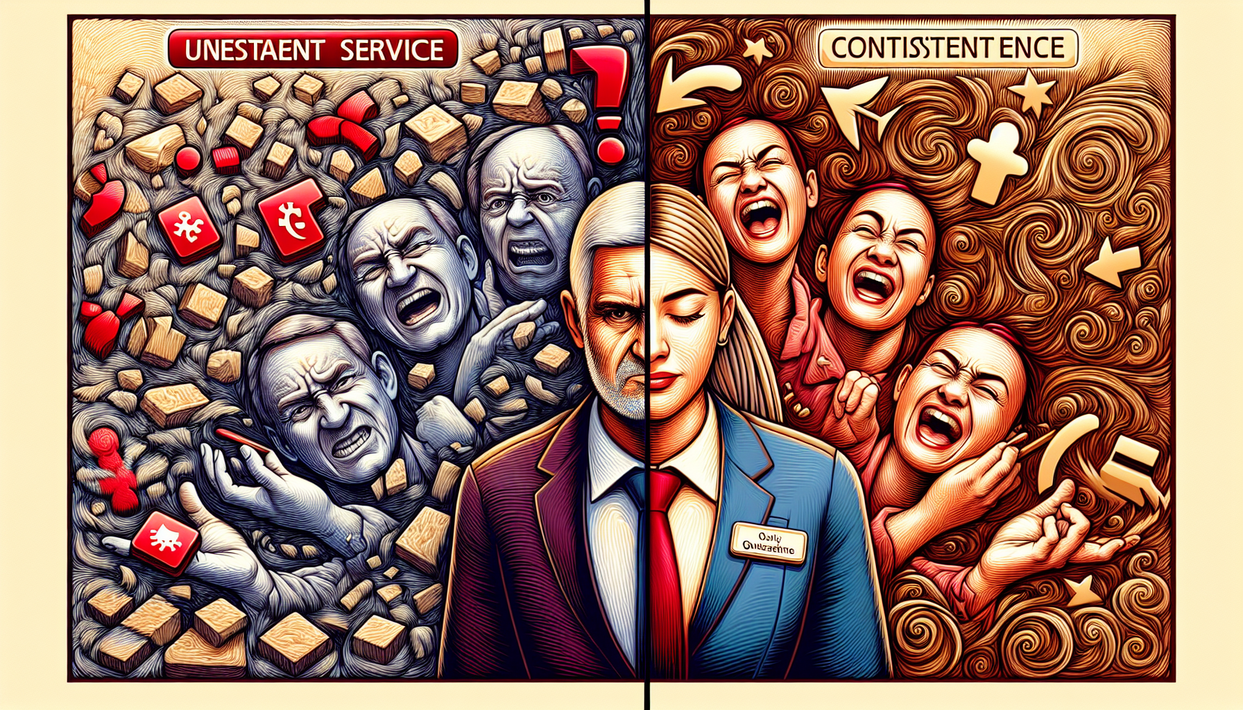 Split image illustration showing two sides: "Unsteady Service" with chaotic elements and angry customers, and "Consistent Service" with orderly elements and happy customers, highlighting the impact of consumer trust. A neutral person stands between them.