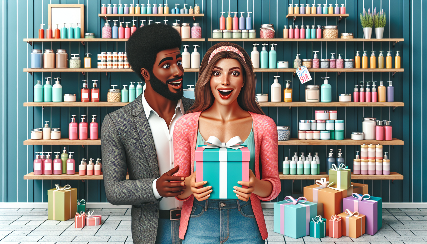 A man and a woman, standing in a shop with shelves of bottles and products, holding a wrapped gift box as part of their customer loyalty program. Several other wrapped gifts, earned through points-based rewards, are on the floor around them.