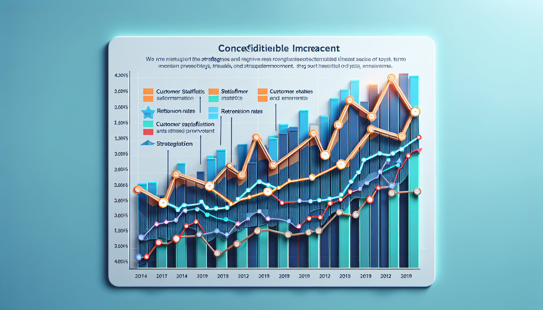 A 3D bar and line graph showing various business performance metrics from 2014 to 2023. Several metrics, including customer satisfaction, sales, and consumer engagement are labeled with different colored lines and bars.