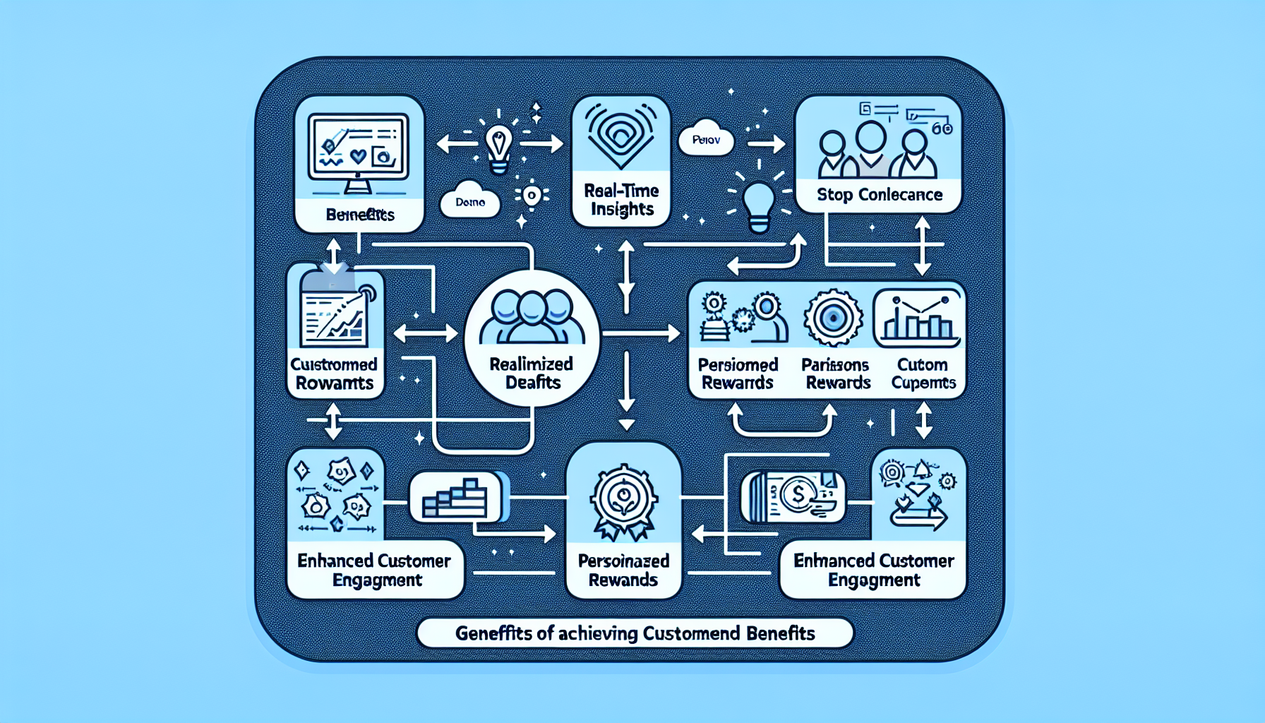 Flowchart illustrating benefits of achieving customized benefits through CRM integration, showing interactions between real-time insights, personalized rewards, customer engagement, and improved outcomes.