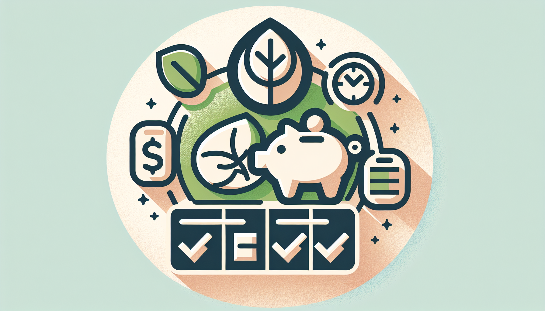 Illustration of sustainable finance concepts with icons including a piggy bank, plants, a dollar sign, a clock, and a checklist, seamlessly integrated with themes of digital loyalty cards and contactless access.