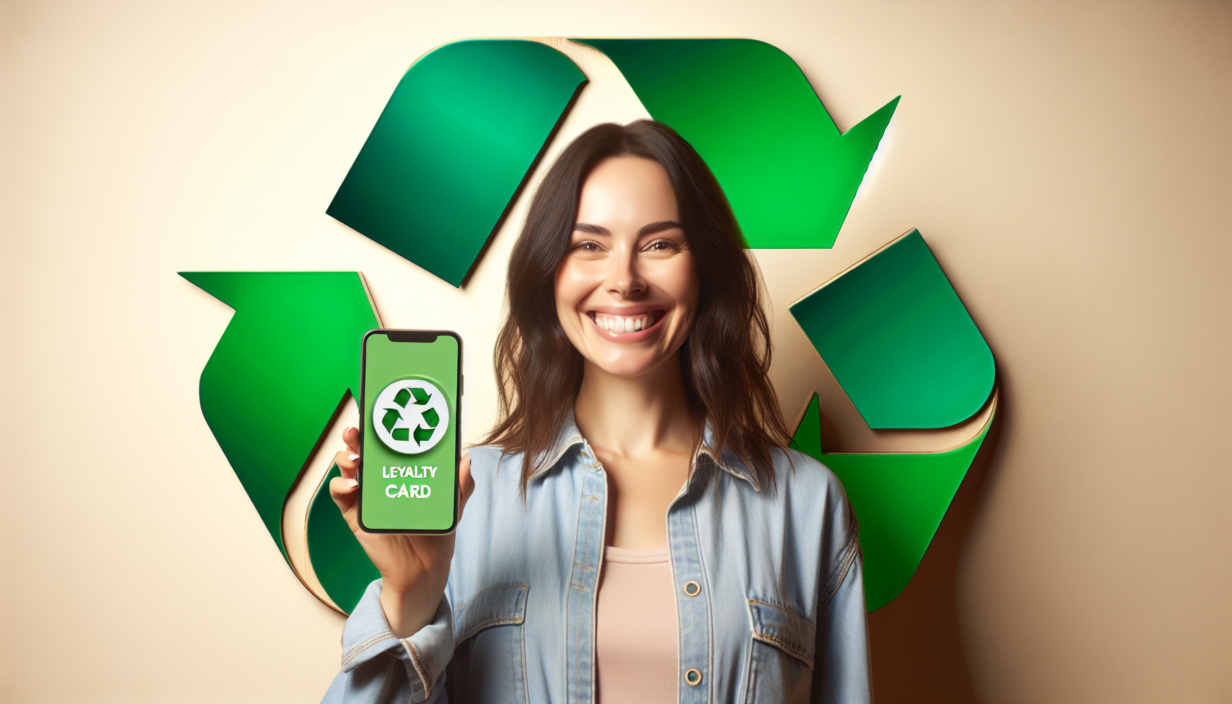 A woman holds a smartphone displaying a loyalty card for a small business with a recycling symbol on it. A large green recycling symbol is in the background against a beige wall.